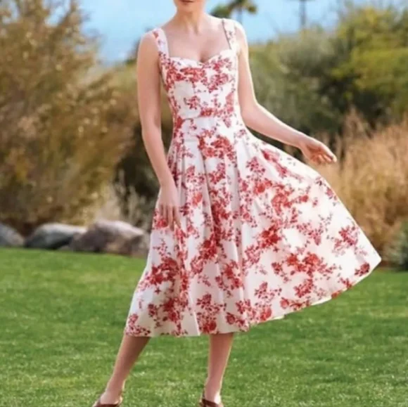 Antonio Melani Tobi Red White Floral Print Midi Dress EUC Size: 12